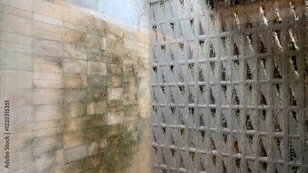 Obraz premium Blurred and dewy photo of lime stone tiles wall and roster breeze blocks. Taken behind dewed glass window with blurred and bokeh effect.