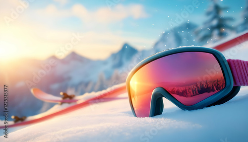 Colorful ski goggles resting on fresh snow with slopes and mountains in the background under a sunny sky.