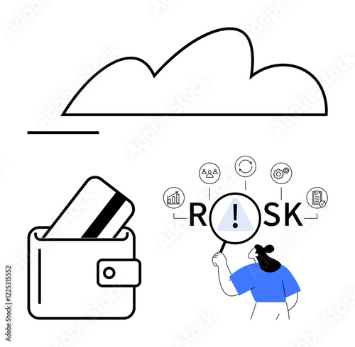 Cloud storage, wallet with a card, and a person analyzing risk underlined by icons for data, statistics, and trends. Ideal for cybersecurity, finance, investment, decision-making data protection