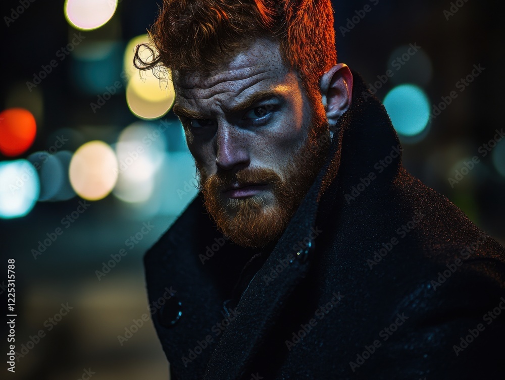 Intense street portrait of a man with red hair and beard in an urban setting during nighttime Intense street portrait of a man with red hair and beard in an urban setting during nighttime