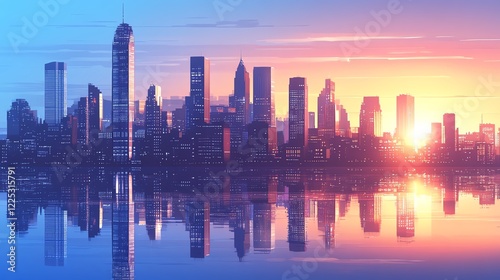City skyline at sunset with serene reflection.