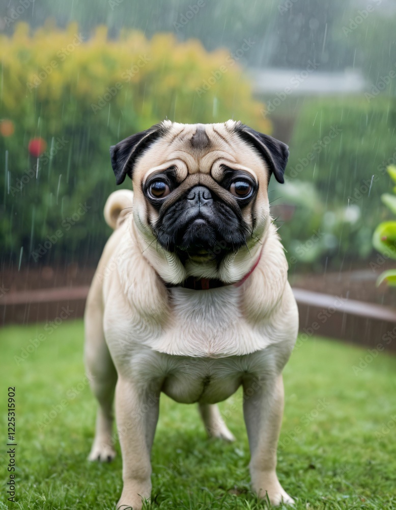 a pug dog in the garden in rainy weather