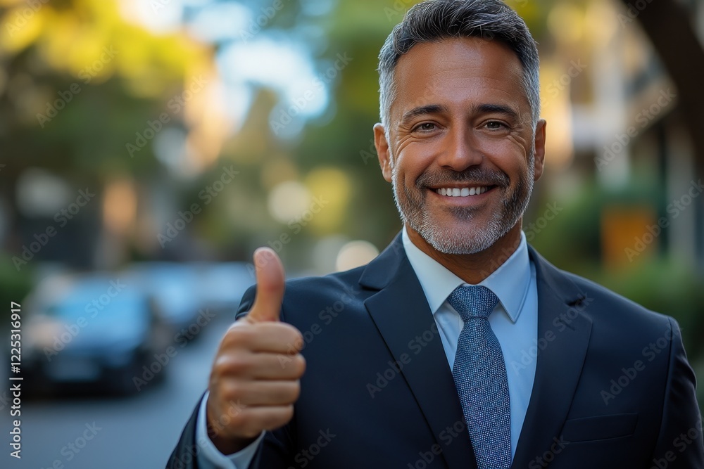 Professional man giving a thumbs up while smiling in a bustling urban street during daylight hours