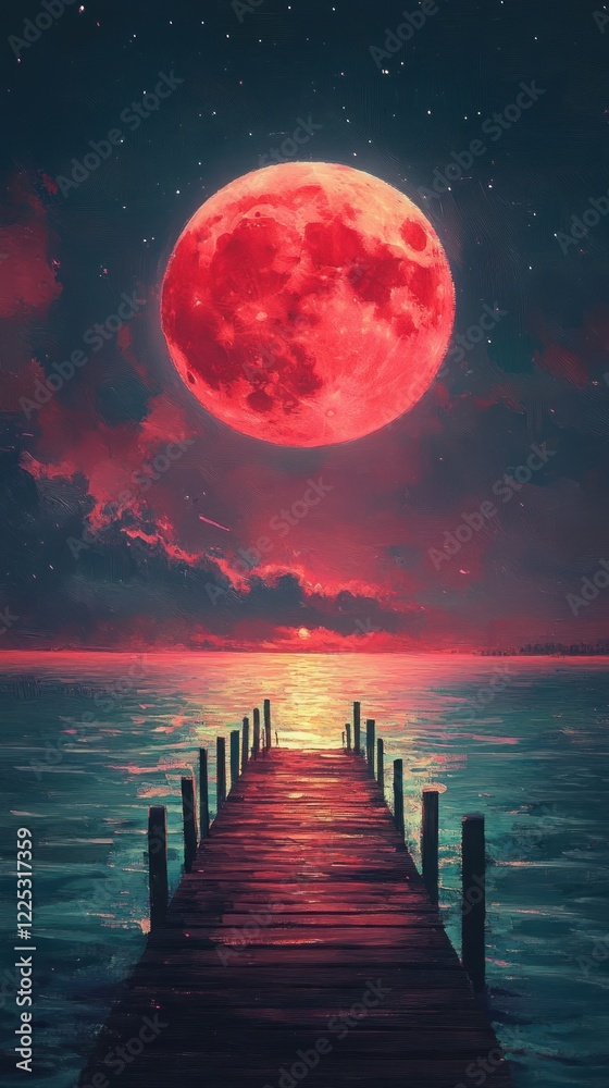 Obraz premium A Serene Painting Of A Wooden Pier Extending Into A Calm Sea Under A Giant, Blood-Red Moon. The Scene Evokes A Sense Of Mystery And Tranquility.