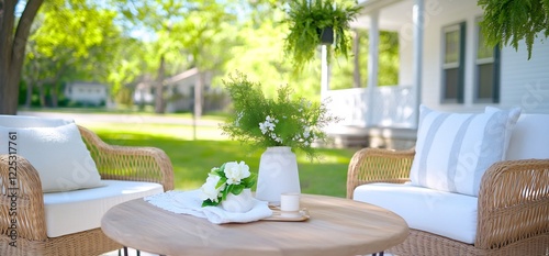 Relaxing patio furniture, white cushions, flowers, suburban background.  Home decor photo