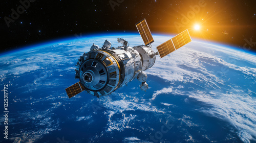 Fototapeta Naklejka Na Ścianę i Meble -  Futuristic space station orbiting Earth, illuminated by sunlight