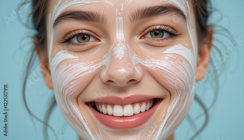 Smiling Caucasian woman with cream on her face, enjoying her skincare and beauty routine photo