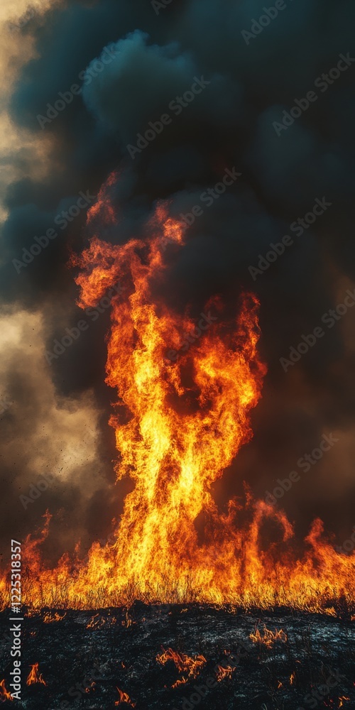 Wildfire engulfs dry landscape creating massive flames and smoke near a forest at dusk Wildfire engulfs dry landscape creating massive flames and smoke near a forest at dusk
