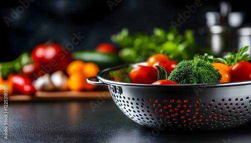 Fresh vegetables in a colander, showcasing vibrant colors ready for cooking or healthy eating. photo