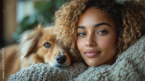 A woman with curly hair rests comfortably on a soft blanket, enjoying the company of her dog, who is affectionately nestled close. Natural light fills the cozy room.