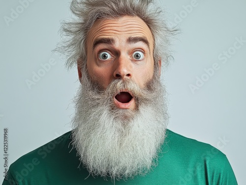 Surprised man with gray beard and expressive eyes showing astonishment in a simple green shirt against a plain background