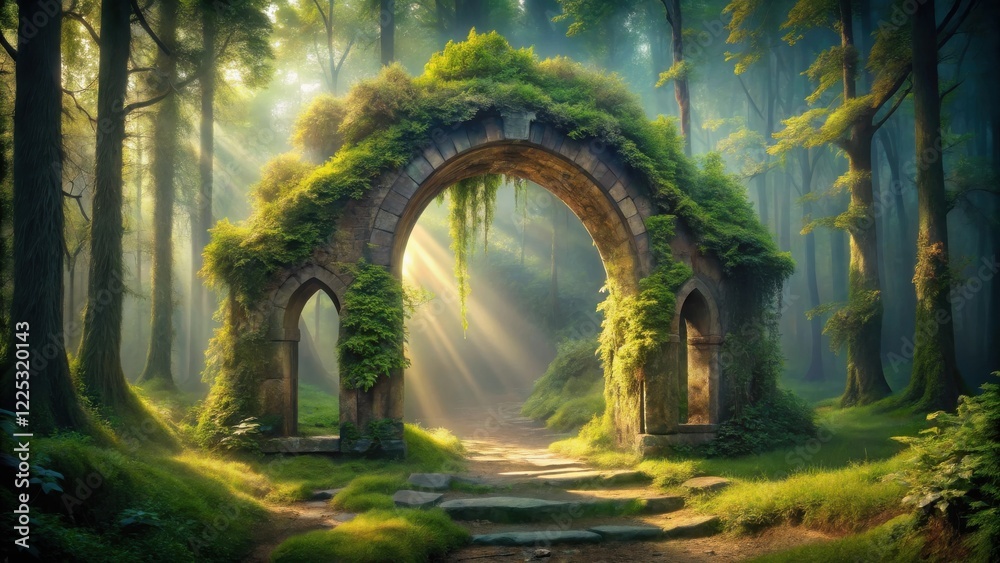 Fototapeta premium Sunlit Path Through Mossy Stone Archway in Enchanting Forest