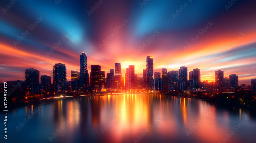 Obraz premium Stunning sunset over a city skyline reflecting in the water, showcasing vibrant colors and urban landscape beauty.