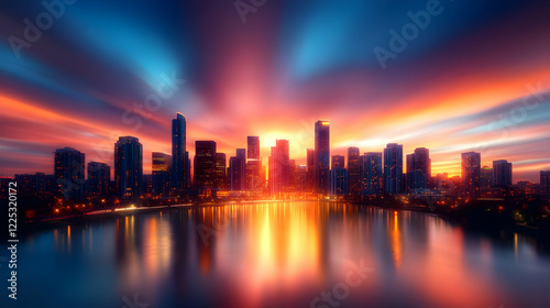 Wallpaper Mural Stunning sunset over a city skyline reflecting in the water, showcasing vibrant colors and urban landscape beauty. Torontodigital.ca