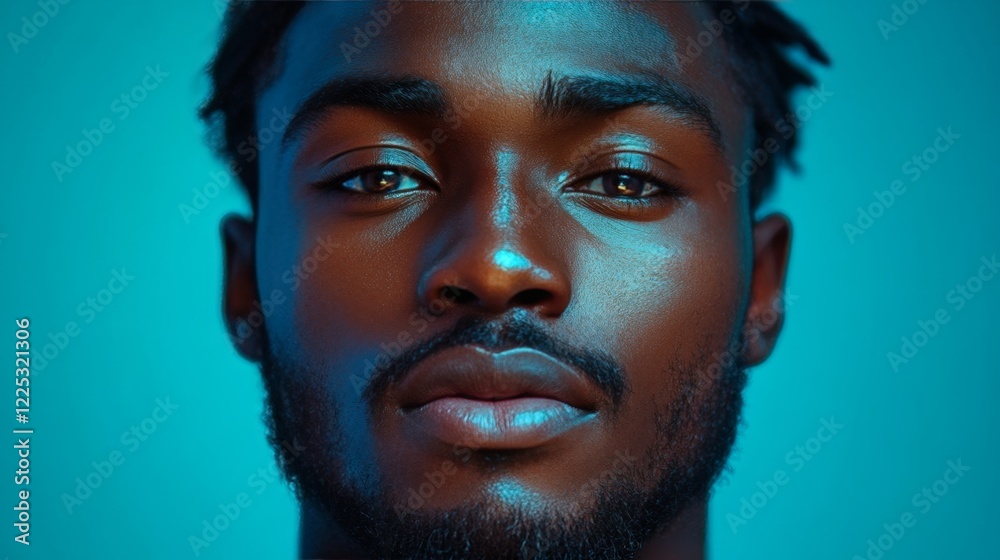 A hyper-realistic stock photo of a young man speaking directly into the camera, wearing green and blue tones, bright studio lighting, solid blue background, ultra-detailed 4K A hyper-realistic stock photo of a young man speaking directly into the camera, wearing green and blue tones, bright studio lighting, solid blue background, ultra-detailed 4K