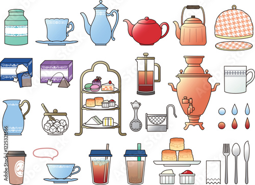 Tea & Teaware icon set. | Tea time, Break time, Relax time, Tea break, Afternoon tea, Take a rest. | Set of isolated objects.