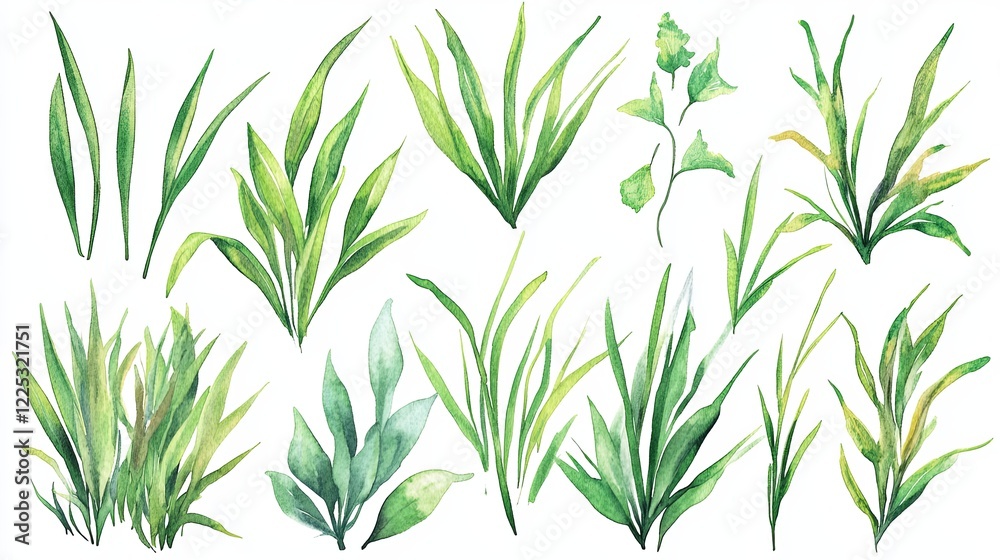 Fototapeta premium Watercolor grass stickers collection