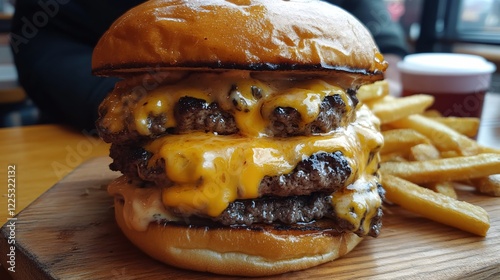 Delicious triple cheeseburger with melted cheese and fries on a wooden board close up view
