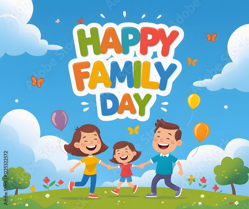 Happy Family Day – A Cheerful Cartoon Family Enjoying a Bright Outdoor Celebration.