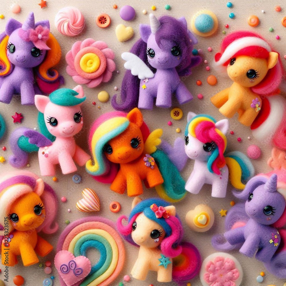 Composition of cute ponies and unicorns. In soft colors with iridescent manes and tails.
Composition of cute ponies and unicorns. In soft colors with iridescent manes and tails.