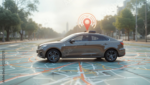 GPS tracking pulsing signal. A vehicle transmitting gps signal. Searching car location, 3d render