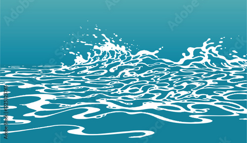 Abstract depiction of dynamic ocean waves cresting and scattering spray with a gradient teal background contrasting the white foam and ripples across the water's surface