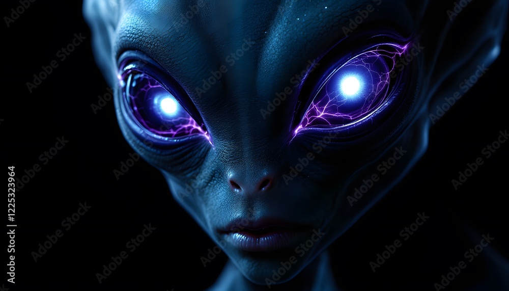 Eerie alien close-up with glowing eyes -  mystery and power - sci-fi films, gaming, digital art, book covers, and spooky themed events