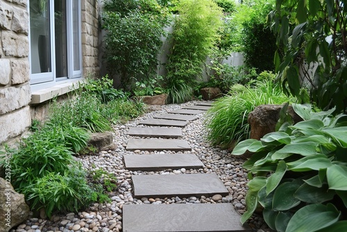 Well-maintained garden pathway with stone slabs surrounded by lush greenery in a serene setting