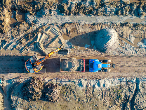 Topdown aerial of heavy machinery doing earth excavation groundworks