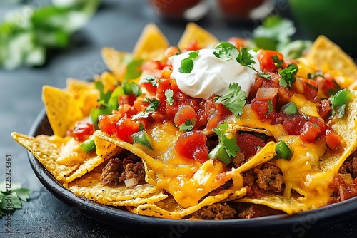 Wallpaper Mural Delicious nachos topped with melted cheese, salsa, and fresh cilantro, served on a black plate Torontodigital.ca