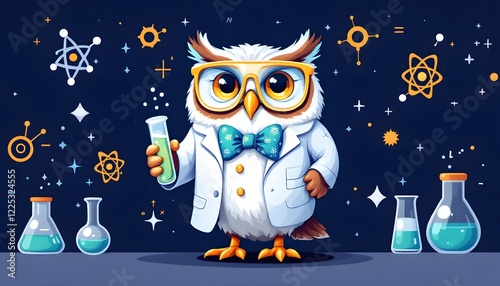 Scientist owl in lab coat holding test tube, represents knowledge and intelligence, ideal for educational content and science themed events or children books photo