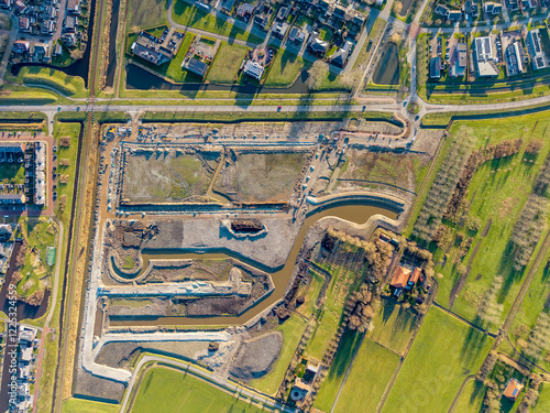 Topdown aerial of new housing development construction site