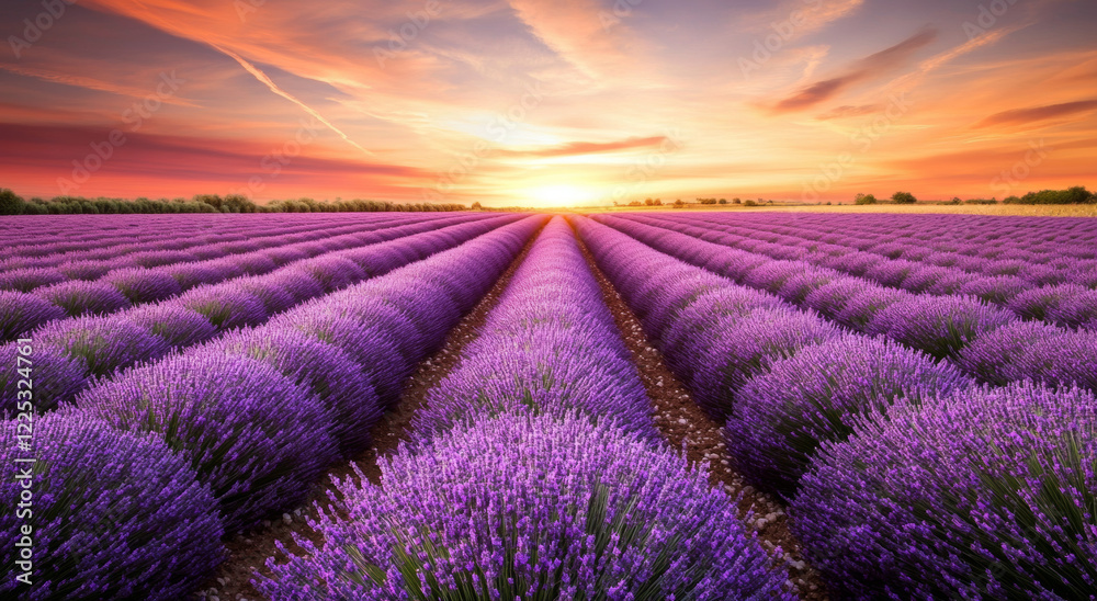 Obraz premium Lavender is neatly arranged in rows, showing different shades of purple, creating a peaceful and dreamy atmosphere.