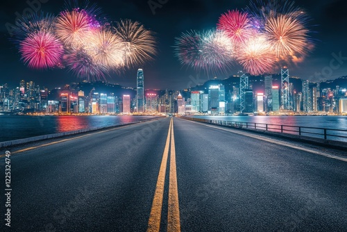 Vibrant City Skyline with Colorful Fireworks Display