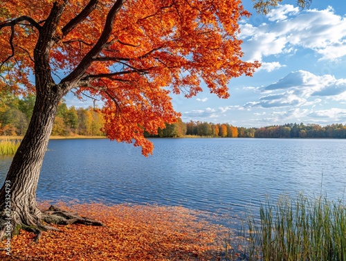 Autumn tree with orange leaves over a lake under a blue sky with white clouds