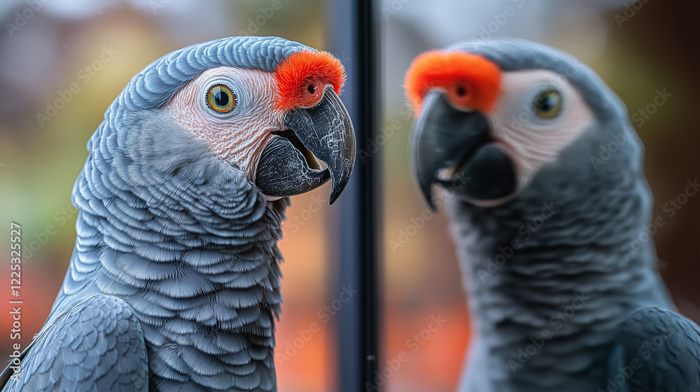 Obraz premium African Grey Parrot Meets Its Reflection