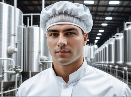 Young male worker in a white uniform and hairnet stands confidently in a food processing facility surrounded by large equipment