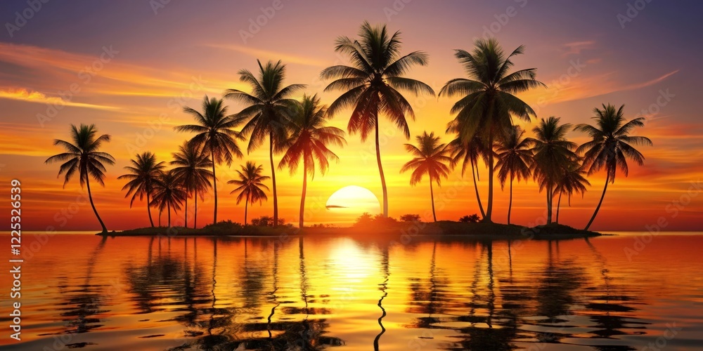 Fototapeta premium Tropical Sunset over Island with Palm Trees