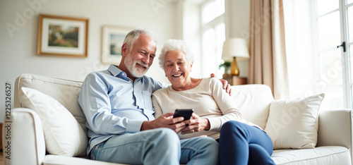 A happy elderly married couple is sitting on the couch in the living room, looking at the phone