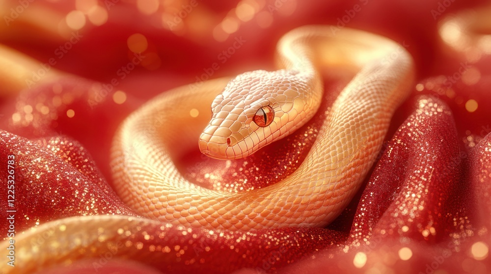 Fototapeta premium A Golden Snake Gracefully Coils On A Shimmering Red Fabric, Creating A Luxurious And Mystical Scene. The Lighting Enhances The Textures, And The Overall Vibe Is One Of Elegance And Mystery.