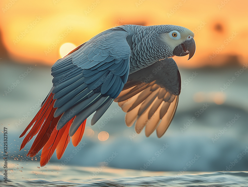 Fototapeta premium An African grey parrot gliding over water
