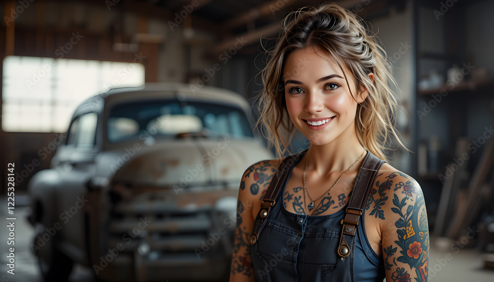 Confident Female Mechanic Standing in a Car Workshop Confident Female Mechanic Standing in a Car Workshop