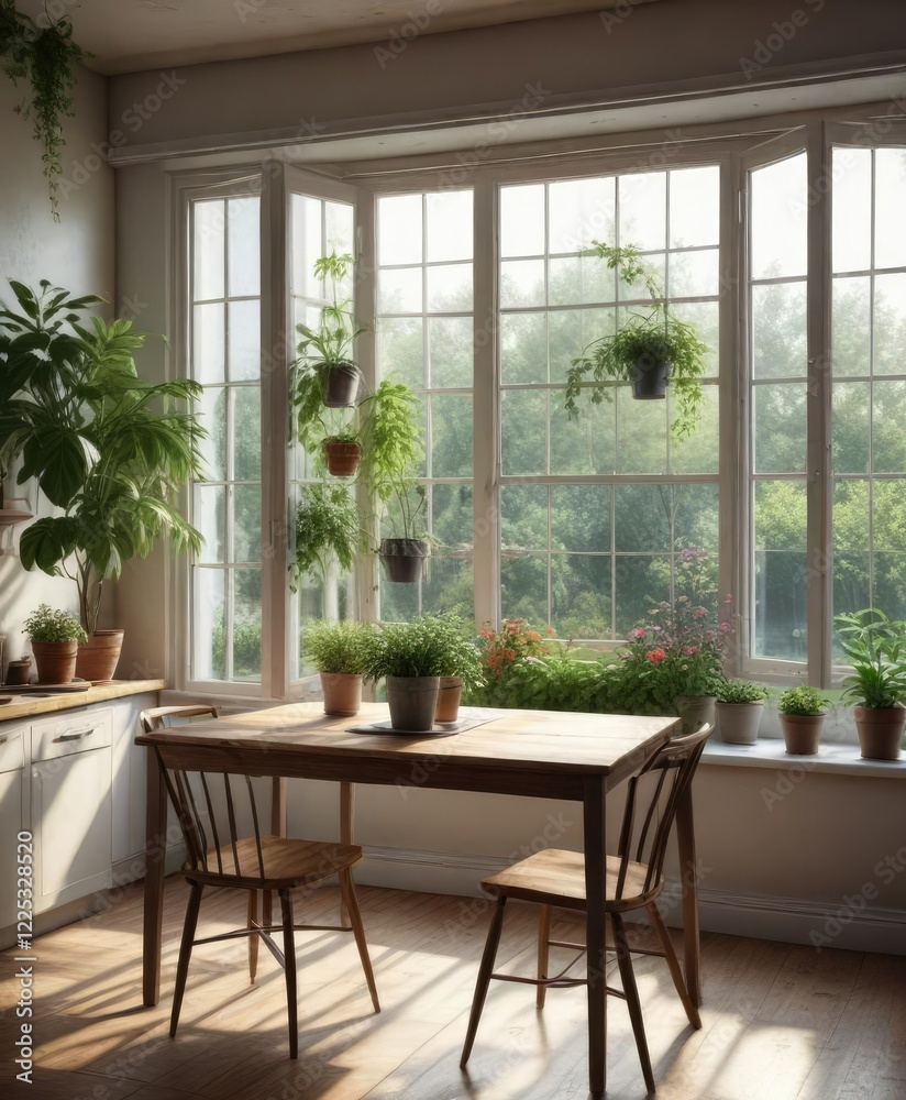 Cozy kitchen table near an open window with plants, home interior, open window Cozy kitchen table near an open window with plants, home interior, open window