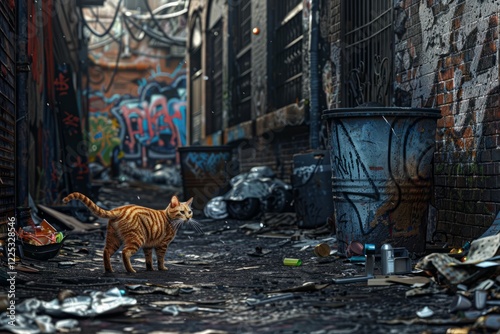 Cat cautiously navigates a gritty, graffiti-filled alley, highlighting urban decay and stray animal themes