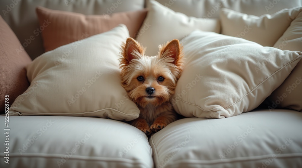 Tiny fluffy dog playfully hidden among soft couch pillows in cozy setting Tiny fluffy dog playfully hidden among soft couch pillows in cozy setting
