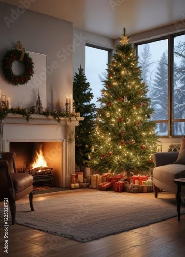 Cozy living room with Christmas tree lit up by fireplace, fireplace, intimate ambiance, festive atmosphere