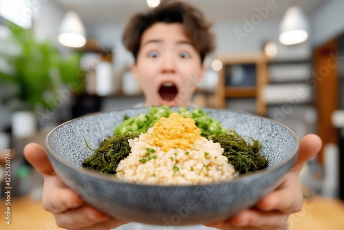A food influencer focused on branding, marketing, and promotions. Excited person holding a bowl of colorful healthy food.