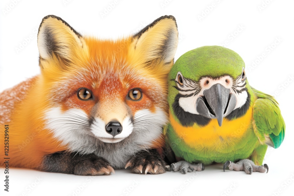 Fototapeta premium A whimsical 2D illustration of two complementary animals, such as a red fox and a green parrot, standing side by side on a white background
