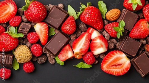 Fresh strawberries, raspberries, and chocolate chunks beautifully arranged on a black background, representing indulgence and sweetness photo