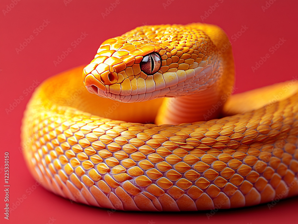 Fototapeta premium a yellow python coiled in a dark environment, with its glossy scales reflecting light and a striking red eye visible.